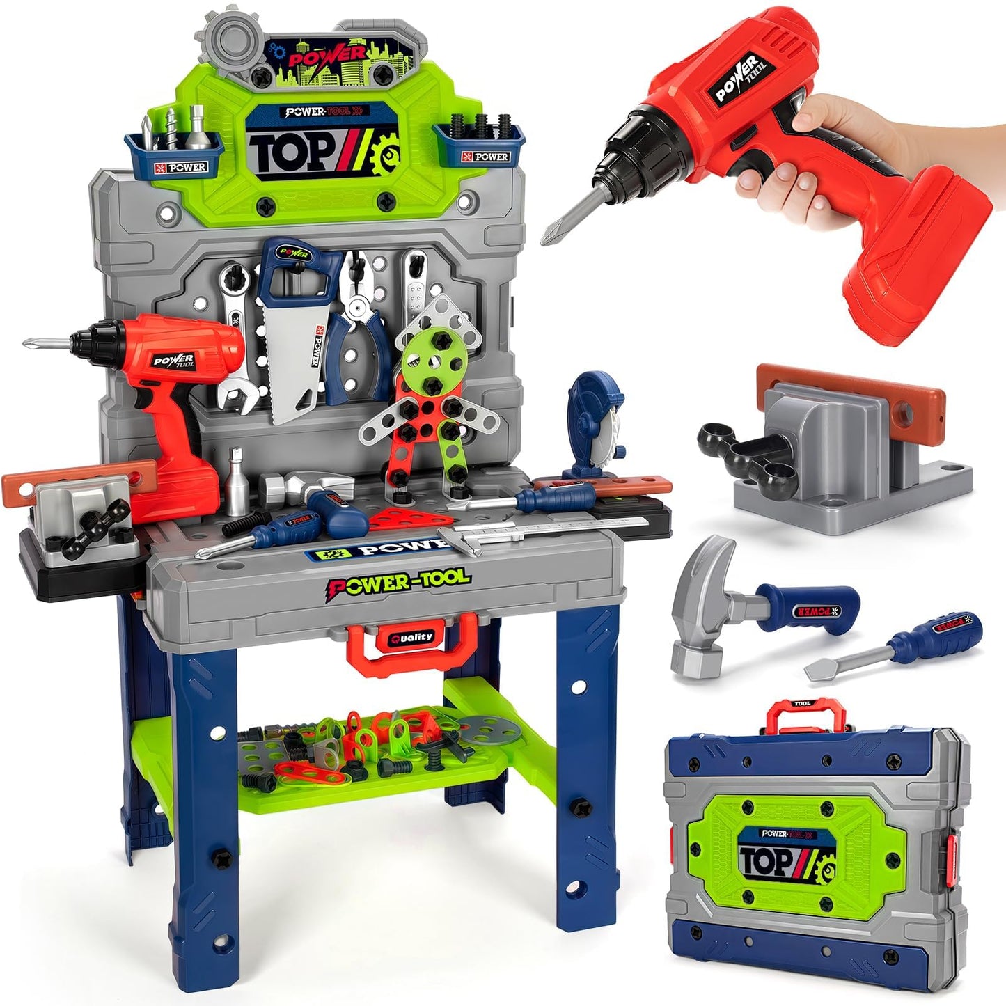 Kids Tool Bench Set with Electric Drill and Realistic Tools, Construction Workbench Playset Toy for Toddler 3-5, Easy Set up, Kids Boy Toys, Birthday Gifts for Boys Age 3 4 5 Year Old