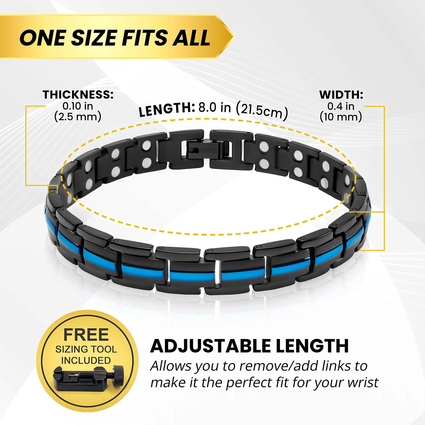 MagnetRX® Thin Blue Line Bracelet for Women - Ultra Strength Magnetic Titanium Bracelets - Adjustable Length & Sizing Tool - Police Support Black and Blue Bracelet (Blue Line)