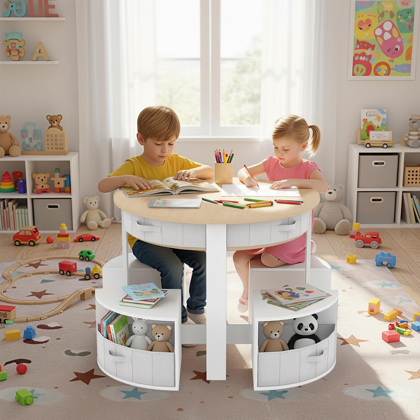 Kids Table and Chair Set, 5 Pieces Wooden Round Nesting Design Children Multi-Activity Table With 4 Storage Stools & 4 Fabric Drawers, Toddler Table and Chair Set for Play/Art/Reading/Craft