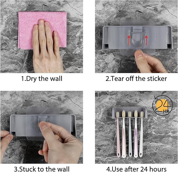 LUEXBOX 5 Slots Wall Mount Toothbrush Holder with Cover, Self Adhesive Toothbrush Storage Organizer for Shower, Toothbrush Hanger for Bathroom, Medicine Cabinet, Dorm (Grey)