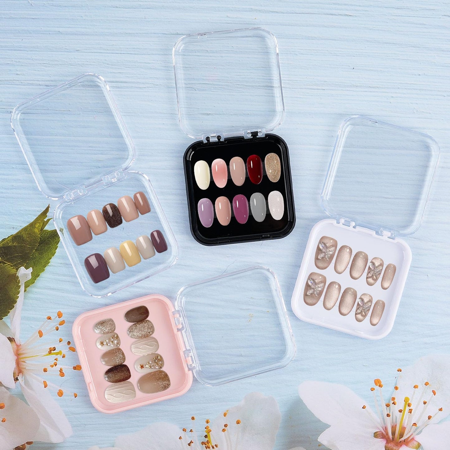 Aemygo 48 Sets Press On Nail Storage Box, Artificial Nail Display Case Acrylic Nail Boxes Press On Nail Packaging Box, Adhesive Double Sided Tape Nail Box for Nail Salon（4 Colors）