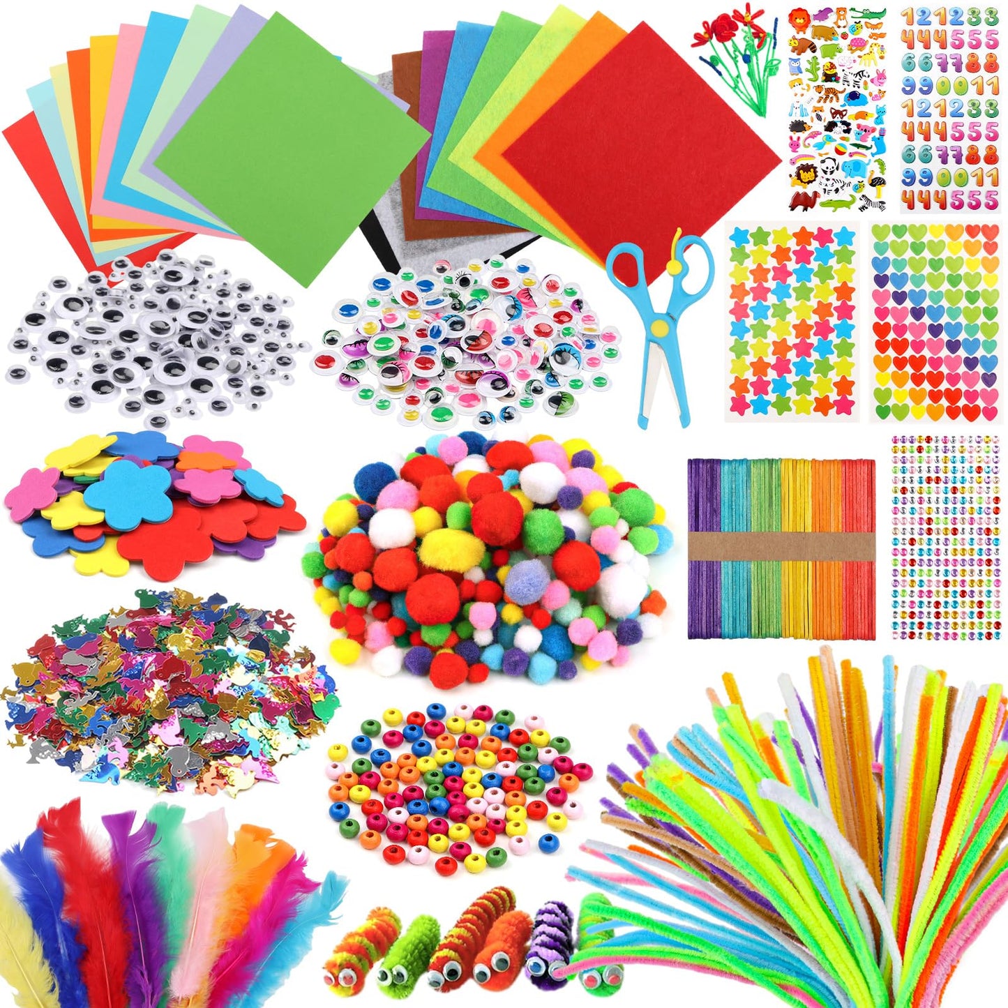 DOITEM Pipe Cleaners Craft Supplies, 1500+Pcs Arts and Crafts Supplies Including Pipe Cleaner Wiggle Googly Eyes Pom Poms Feathers Sticks Sequins Foam Flowers Papers Felt Stickers