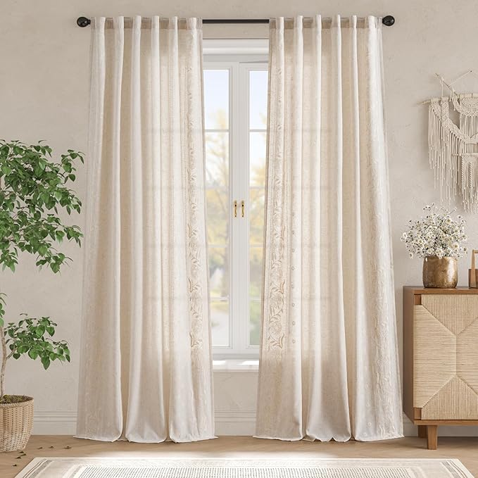 jinchan Winslow Linen Curtains 96 Inches Long for Bedroom Linen Blended Embroidered Floral Curtains for Living Room Farmhouse Decor Light Filtering Window Treatments Ivory on Beige Drapes 2 Panels
