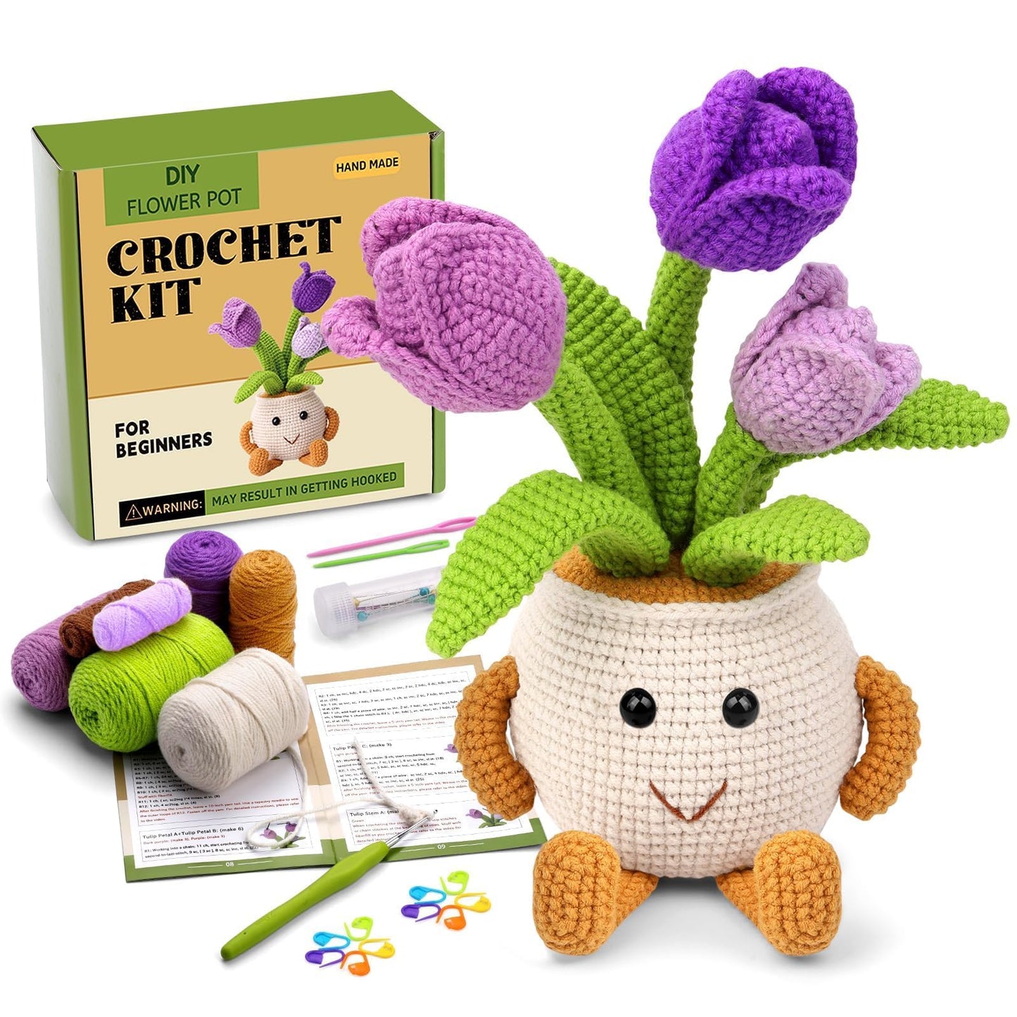 Nitlak Crochet Kit for Beginners, Tulip Potted Beginner Crochet Kit for Adults Kids, Crochet Starters Kit with Step-by-Step Video Tutorials for Mother's Day DIY Craft