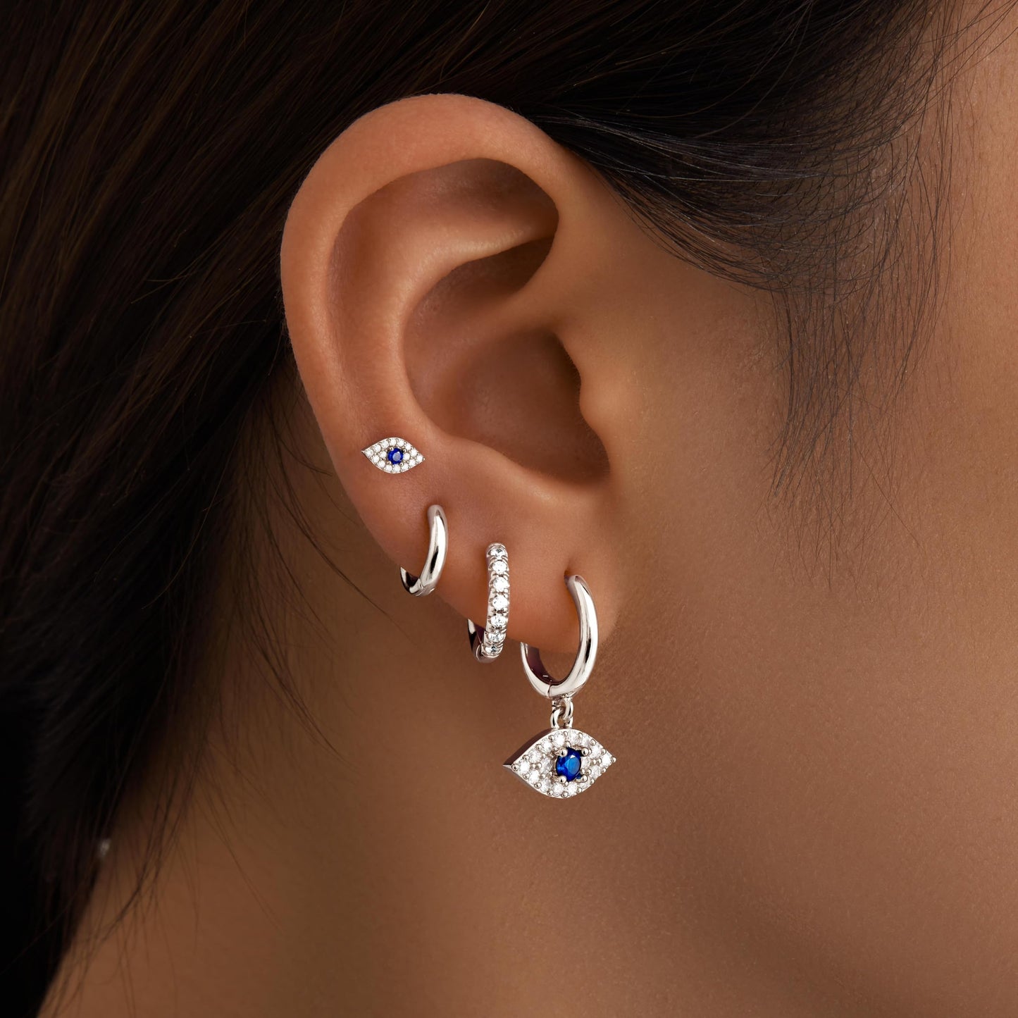 Evil Eye Earrings Set for Women, Silver Evil Eye Dangle Stud Hoop Earring Set for Multiple Piercing, Dainty Earrings for Everyday Wear Protection Jewelry