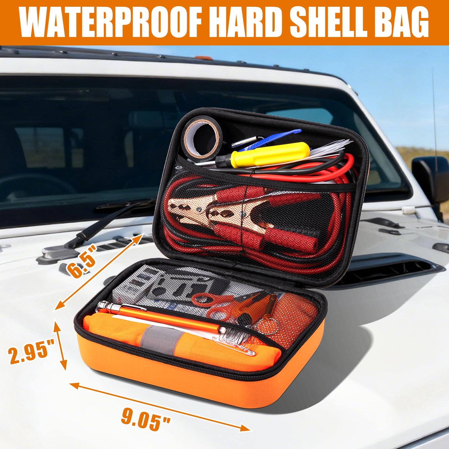AUTODECO Car Roadside Emergency Kit, Car Safety Kit Portable Car Kits for Emergency with Jumper Cable, Safety Hammer, Orange