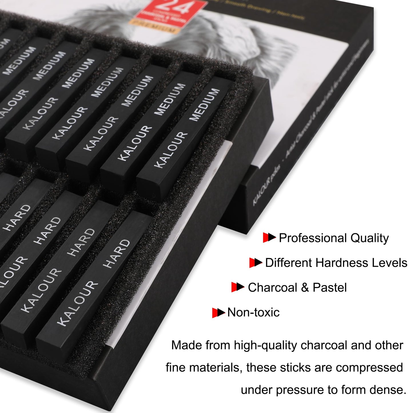 KALOUR 24 Pro Charcoal Drawing Set - Soft,Medium,Hard Charcoal and White - Charcoal Sticks for Drawing Sketching Shading - Art Supplies Gift for Artists Beginners Adults