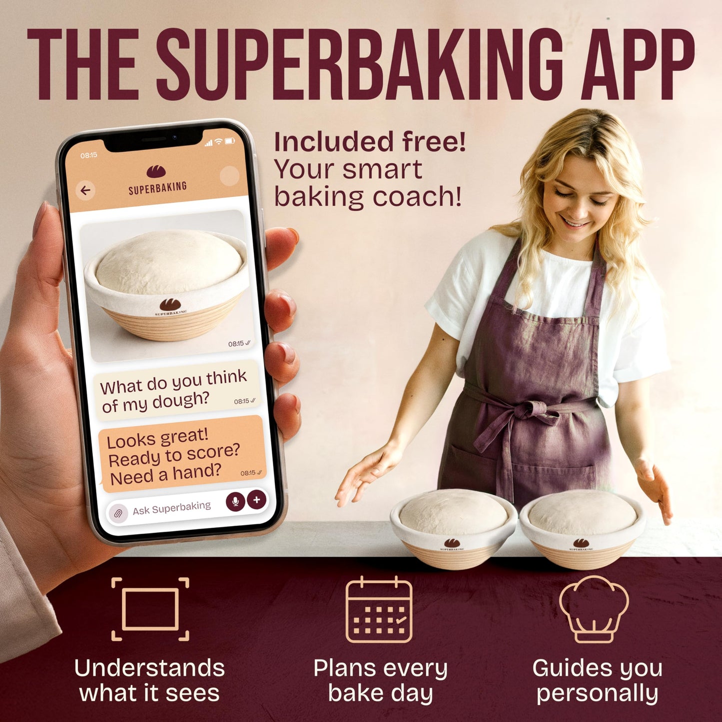 Superbaking 2 pcs Banneton Bread Proofing Basket, 9" Splinter-Free Round Rattan Bread Basket with Liners, Sourdough Starter Kit, Sourdough Bread Baking Supplies & Sourdough Kit, Bread Making Tools