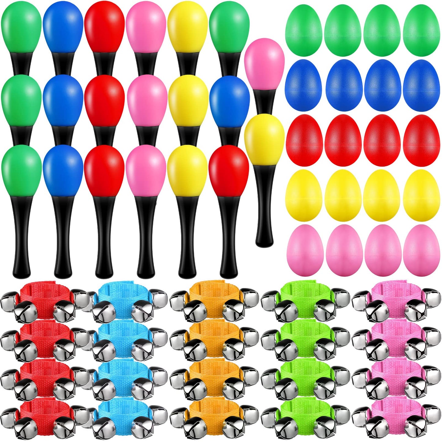 60 Pcs Shaker Musical Instruments Kids Party Favor Baby Learning Percussion Toy, Including 20 Wrist Hand Band Jingle Bells, 20 Egg Shakers and 20 Maracas Rattle Shaker Sand Hammers