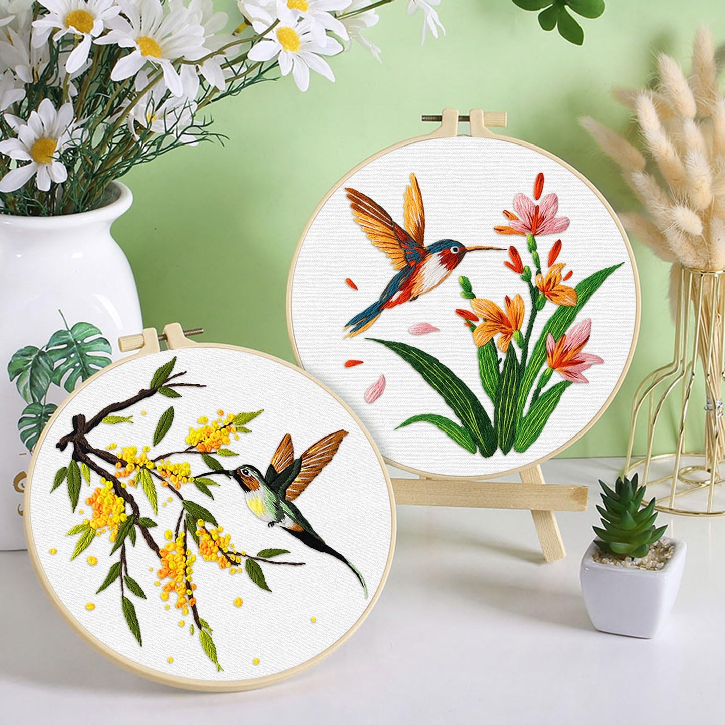 ERKOON 3 Sets Embroidery Kit, Hummingbird Cross Stitch Set for Include Embroidery Cloth Hoops Threads for Craft Lover Hand Stitch (Hummingbird)