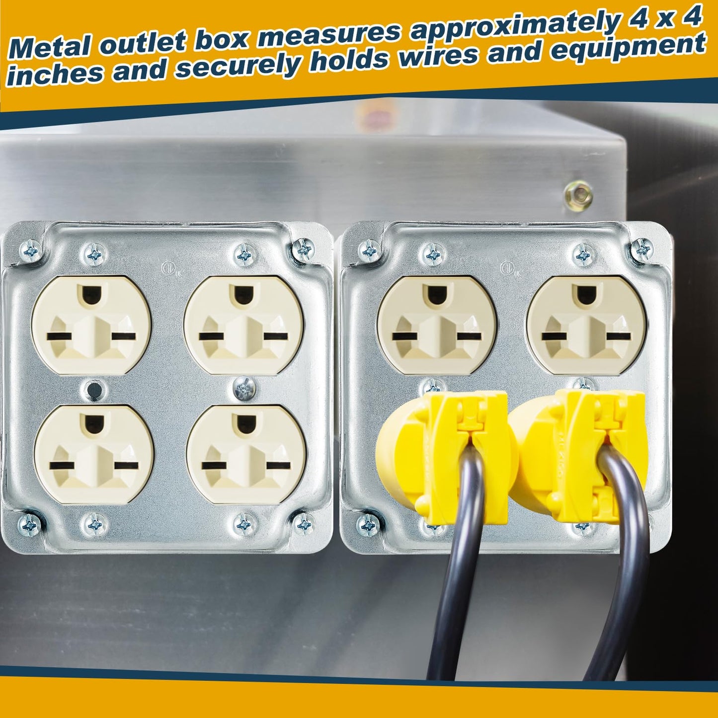 Copkim 8 Set 4 × 4" Electrical Junction Box with Cover Electrical Metal Outlet Box, 21.0 Cu. in. Capacity Receptacle Exposed Work Cover, 1-1/2'' Deep (Double Duplex Receptacle)