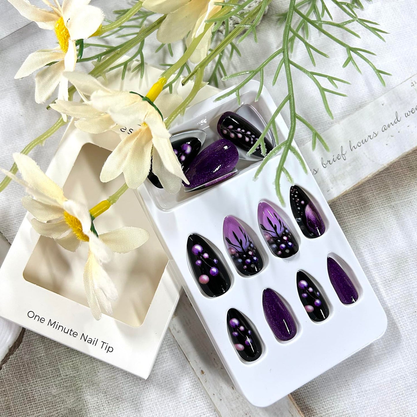 Black Purple Gradient Press on Nails Almond Medium Branches Pattern Design Full Cover Glossy Almond Tip Acrylic False Nail Press Ons Artificial Fingernails 24Pcs DIY Reusable Glue on Nails for Women