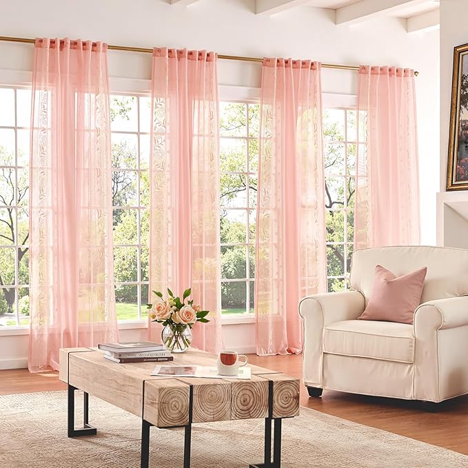jinchan Winslow Pink Sheer Curtains 84 Inch for Bedroom Living Room Embroidered Bordered Floral Nursery Curtains for Girls Room Dorm Light Filtering, Beige on Pink, 2 Panels, 50W x 84L