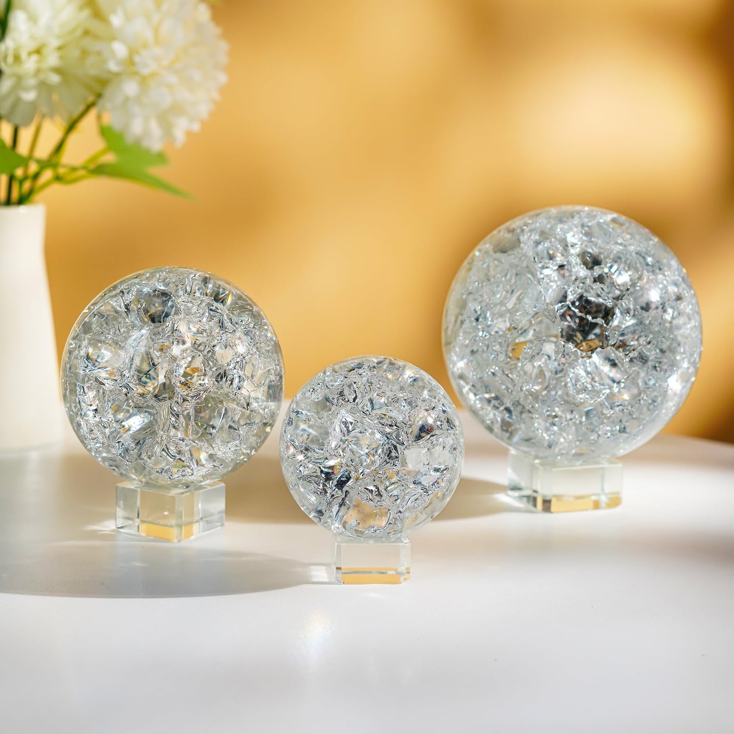 ZEERSHEE Set of 3 60/80/100mm Crystal Cracked Balls Glass Globe Paperweight Decor Solid Decorative Sphere with Stand Feng Shui Divination or Fortune Telling Ball