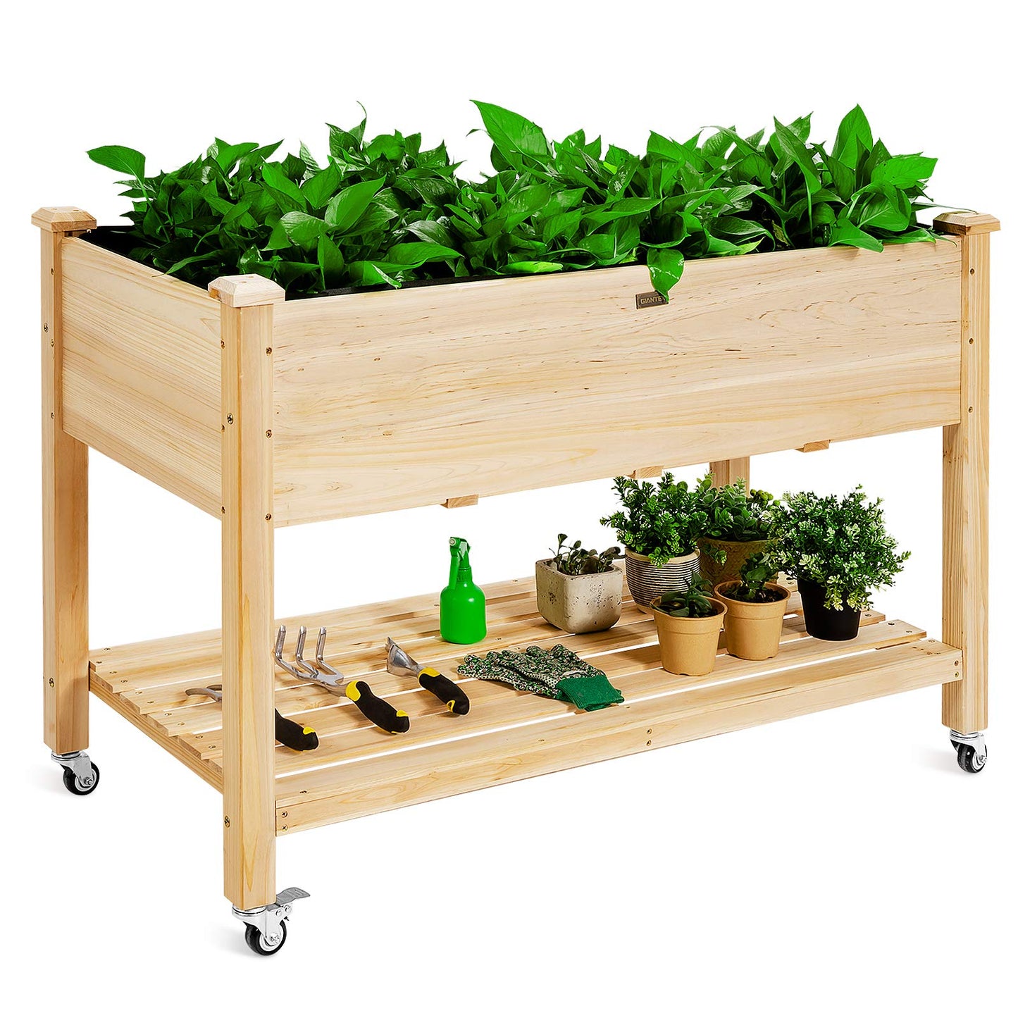 Giantex Raised Garden Bed on Wheels, Wood Planter Box with Legs, Liner, Drain Holes, Elevated Garden Bed for Vegetables, Standing Garden Container for Backyard, Patio, 47.5" LX 23.5" WX 33" H