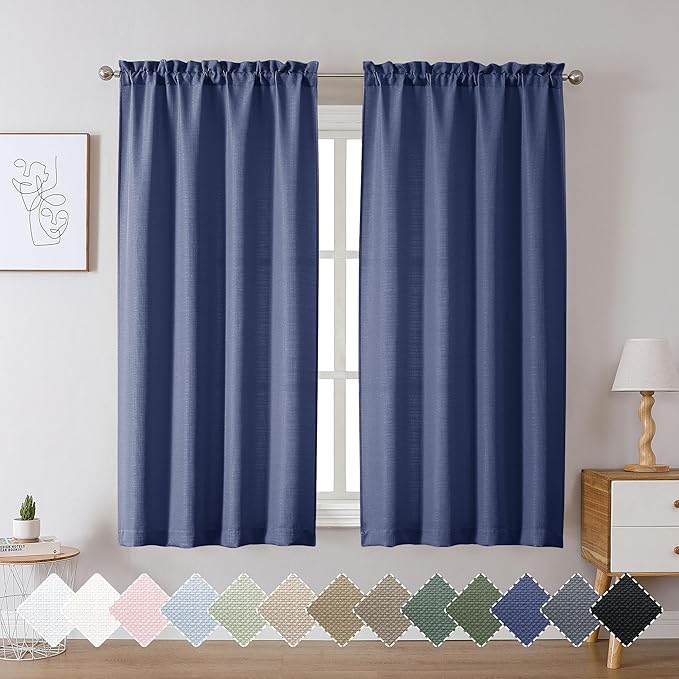 Chyhomenyc Bennet Blue Curtains 54 Inch Length 2 Panels, Faux Linen Textured Semi Sheer Light Filtering Soft Airy Rod Pocket Window Treatment Drapes for Living Room Bedroom, Each 30" Wx54 L