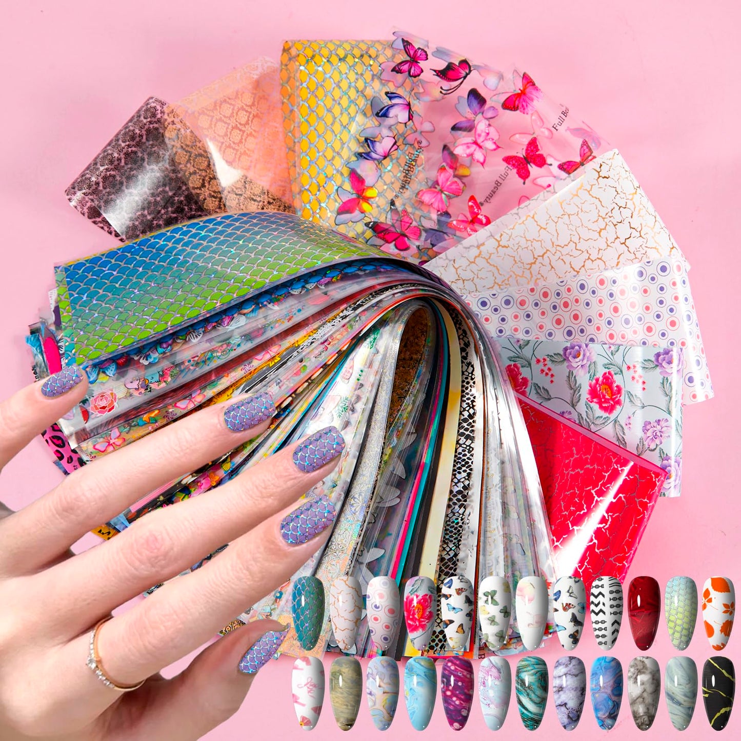 XEAOHESY 300 Sheets Nail Foils Transfer Nail Art Stickers Flower Butterfly Aurora Gradient Marbling Nail Foil Sheets Leopard Print Transfer Foil for Nails Decoration