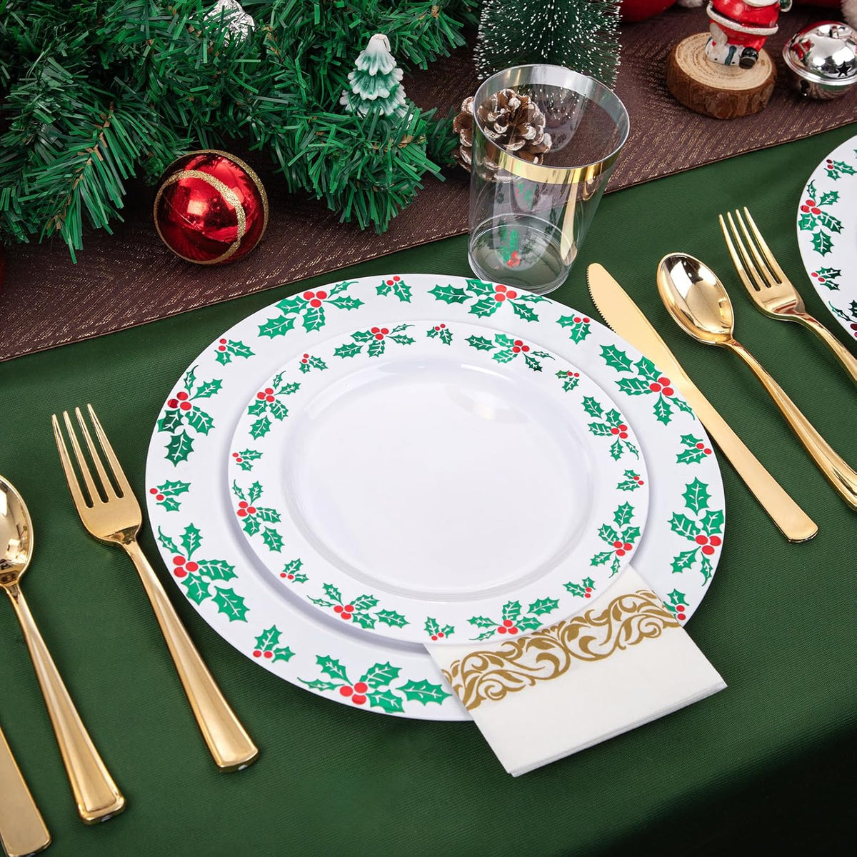 FLOWERCAT 175 PCS Christmas Plates set & Holly Berry Plates - Christmas plates disposable Include 50 Christmas Plastic Plates,25 forks, 25 knives, 25 spoons, 25 napkins Ideal for Xmas Party