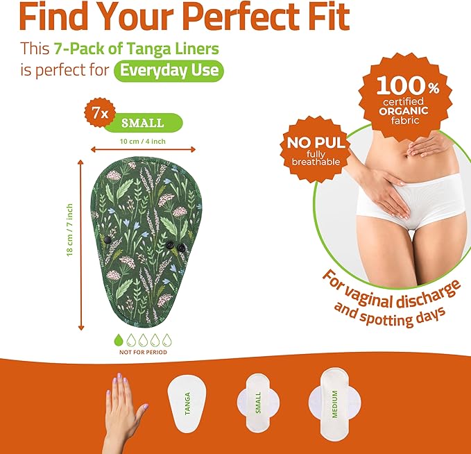 Organic Cotton EcoComfort Reusable Panty Liners for Women & Teens (Tanga, 7-Pack); High-Temp Washable Cloth Liners; Stay Fresh & Dry, for Daily Vaginal Discharge Only; 100% Breathable (no PUL/TPU)