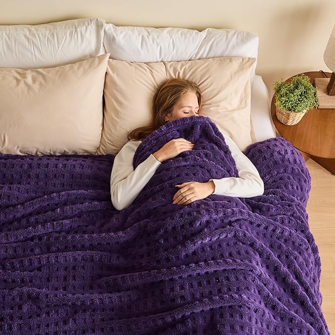 NEWCOSPLAY Super Soft King Blanket Purple Premium Silky Flannel Fleece 3D Waffle Checkered Lightweight Bed Blanket All Season Use (Dark Purple, King(90"x110"))