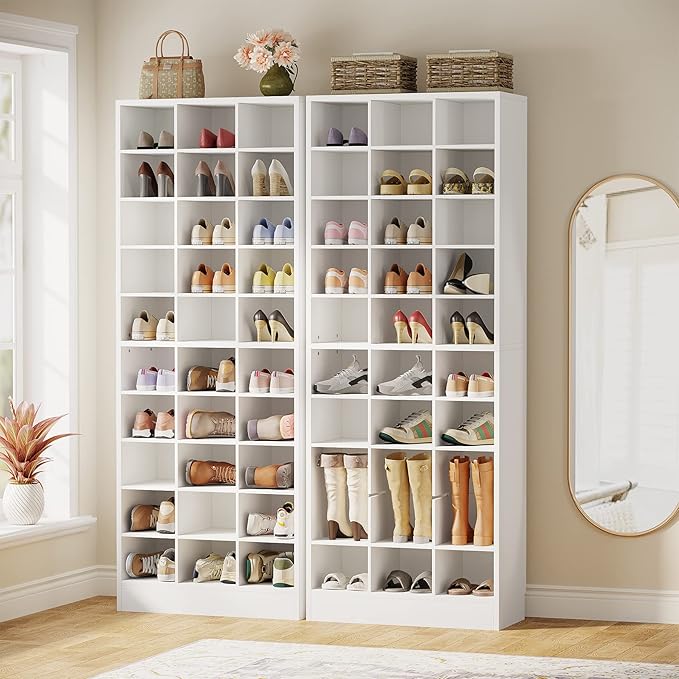 Tribesigns 10-Tier Shoe Storage Cabinet Set of 2, White Wooden Shoe Rack with 30 Cubbies, Freestanding Tall Entryway Shoe Organizer for Closet, Entryway, Living Room