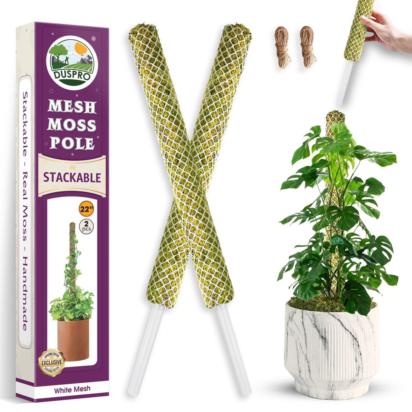 DUSPRO 2 Pack 22" White Stackable Mesh Moss Pole for Plants – Extendable Up to 39", Natural Forest Moss Pole Monstera Plant Support, Moss Stick for Climbing Plants, Indoor Plant Stakes Accessories