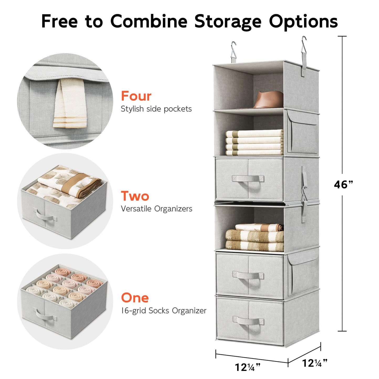Vailando 6-Shelf Hanging Closet Organizer with 3 Drawers, 2 Separable 3-Shelf Closet Organizers and Storage for Wardrobe Organization, Hanging Dresser for Nursury & Dorm Clothes Organizer