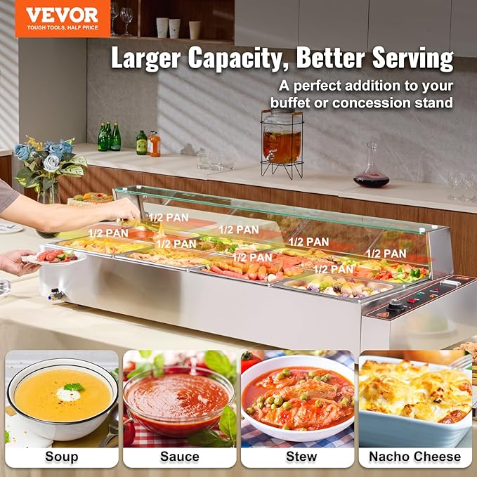 VEVOR 8-Pan Commercial Food Warmer, 8 x 12QT Electric Steam Table with Glass Cover, 3200W Countertop Stainless Steel Buffet Bain Marie w/Thermometer 86-185°F Temp Control for Catering, Restaurants