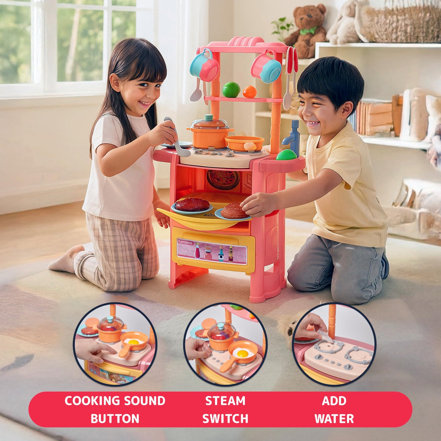 Prextex Plastic Pretend Girls Play Kitchen Set - Multi-Color Kitchen Playset with Dishwasher and Oven - Stove with Lights and Sounds - Working Faucet with Water Circulation