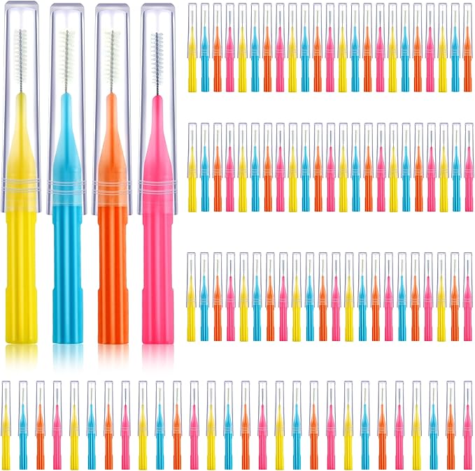 Patelai 100 Pieces Braces Brush for Cleaner Interdental Brush Toothpick Dental Flossing Head Oral Hygiene Flosser Tooth Cleaning Tool(Light Blue,Pink,Yellow,Orange)