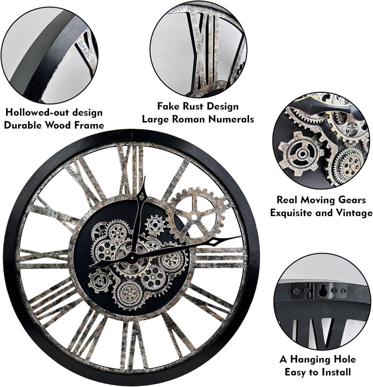 The B-Style Large Real Moving Gears Wall Clock 30 inch Rustic Retro Industrial Farmhouse Wood Clock Oversized Decorative Vintage Wall Clocks for Living Room (Black)