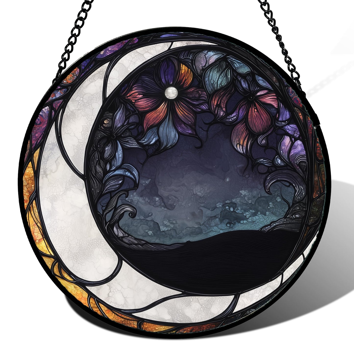 JOSUMALY Stained Glass Window Hanging - Black and White Moon Sun Catcher for Door Terrace Garden Home Decor, Abstract Plant Flower Suncatcher Birthday Gifts for Lovers Women Men Dad Mom Nana 15 in