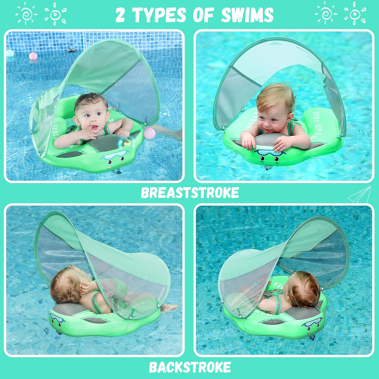 GENTEACO Mambobaby Baby Pool Float with Removable Canopy 3-24 Months Baby Float Non-Inflatable Infant Swim Float Add Tail Avoid Flip Skin-Friendly Material Swim Trainer for Toddler Boys Girls (Green)