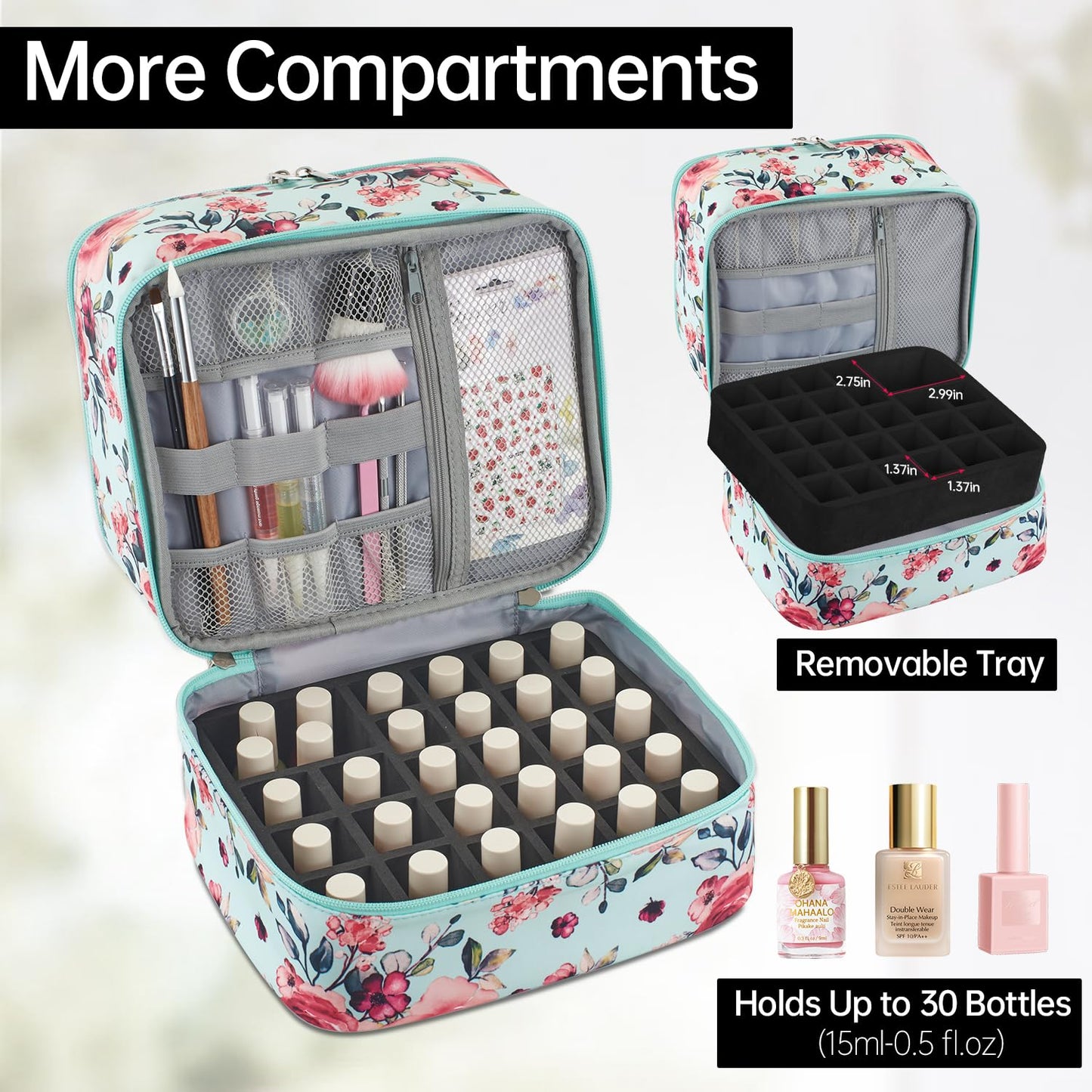 Buruis Double-Layer Nail Polish Organizer Bag, Holds 27 Bottles (15ML/0.5 FL.OZ or Larger), Nail Tools & Dryer Storage Case with Adjustable Dividers (Aqua Floral)