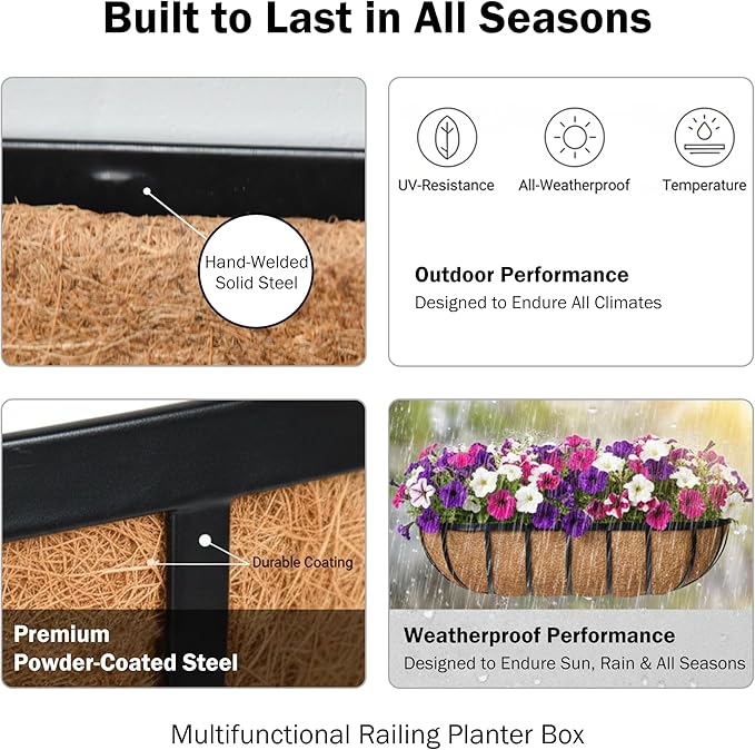 24“ Window Box Railing Planter with Coco Liner Metal Wall-Mounted Coconut Liner Planter Basket English Horse Trough Planters for Outdoor Deck Balcony Porch Fence Patio Black (4 Pack)