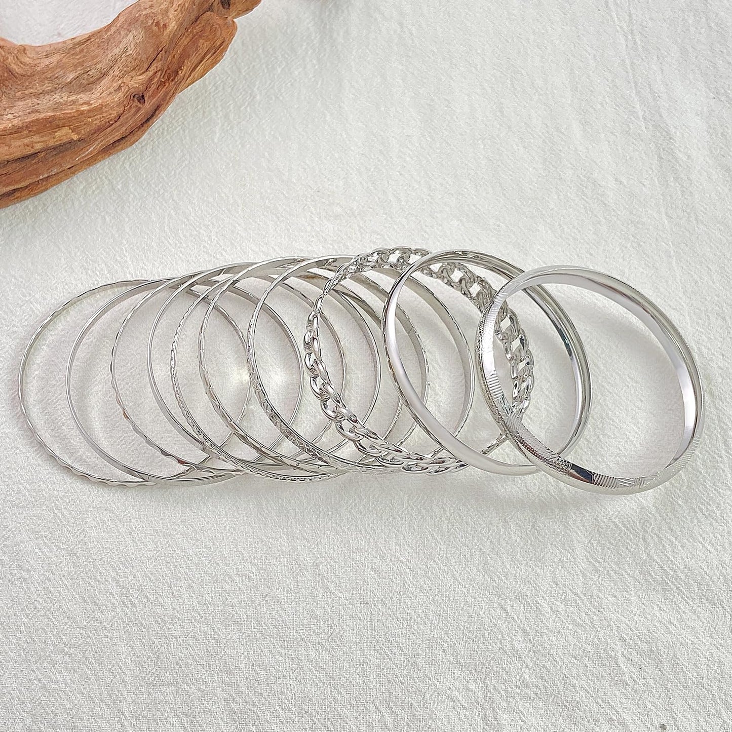 RINTOLER 10Pcs Chunky Silver Bangle Bracelets Set for Women - Multi Layer Stackable Textured Bracelets Indian Bangles Boho Jewelry Set (B-10PC-Silver)