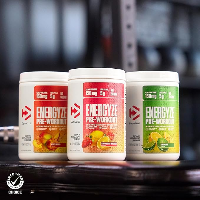 Dymatize Energyze Pre Workout Powder for Men and Women, Lemon Lime Flavor, 150mg Caffeine, 5g BCAAs, Performance Blend of L-Theanine, L-Tyrosine, L-Citrulline, No Sugar, 30 Servings
