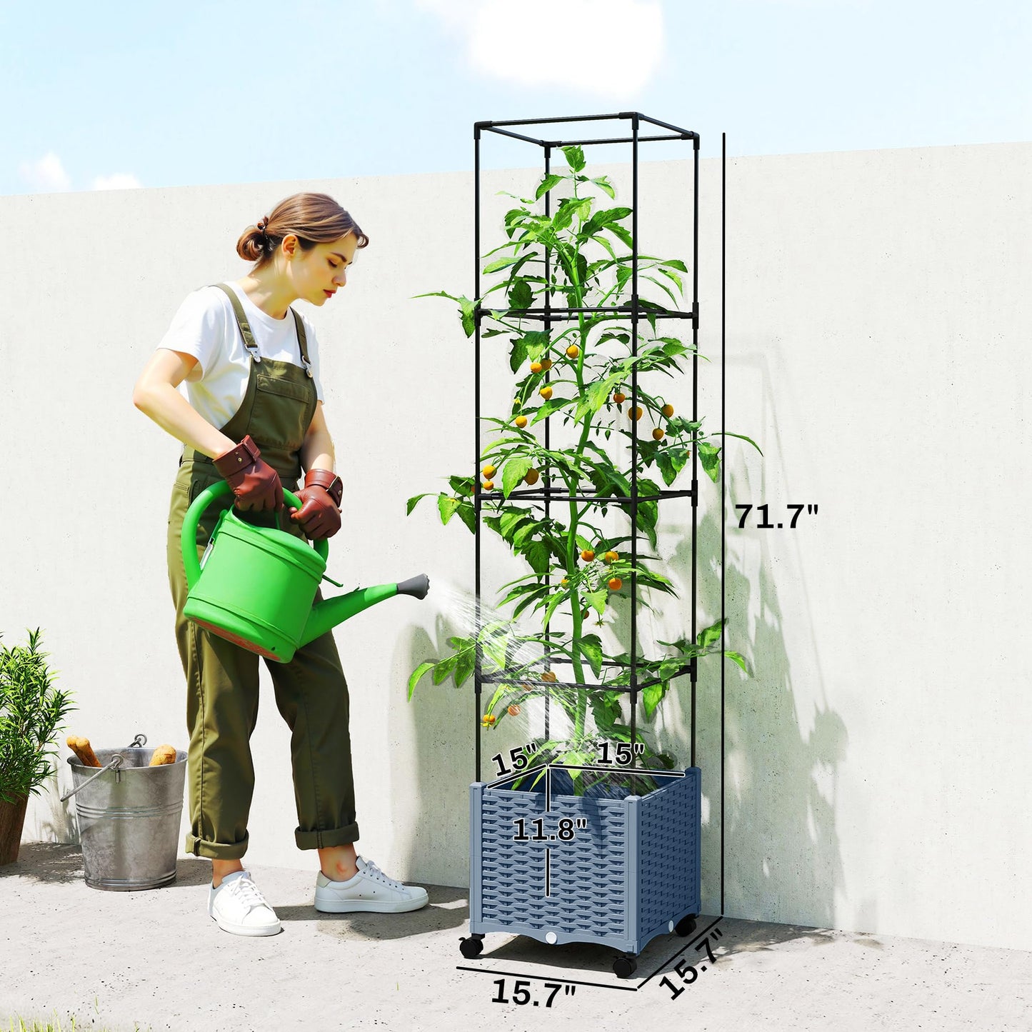 Outsunny Raised Garden Bed with Trellis, 71.7" Tomato Cage with Lockable Wheels, Self Watering Outdoor Planter Box with Drainage Holes and Plugs for Climbing Plants, Vines, Vegetables, Flowers, Gray