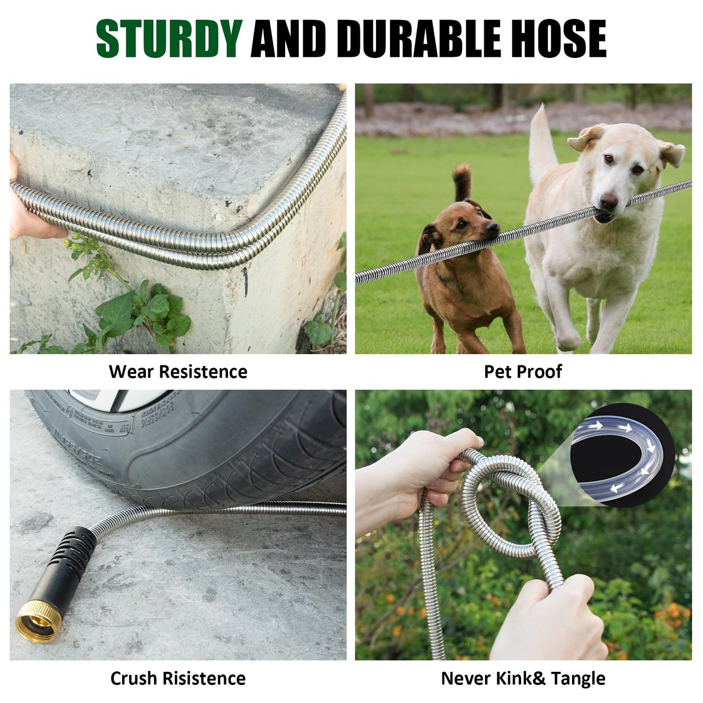 100ft Garden Hose, Heavy Duty Metal Water Hose 100 ft with 10 Function Nozzle, Flexible No-Kink, Pet-Proof & Puncture-Proof Stainless Steel Outdoor Hose for Yard