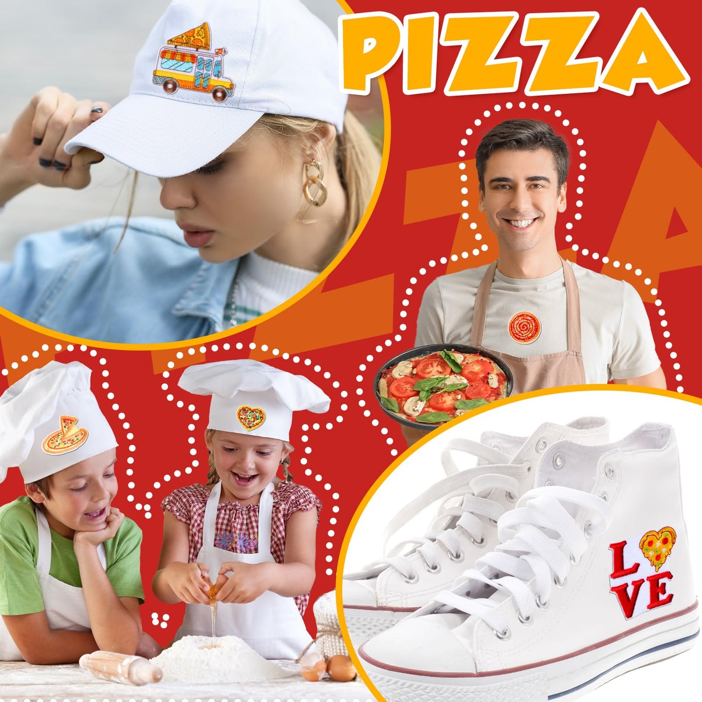 Tigeen 48 Pcs Pizza Iron on Patches Cute Pizza Bulk Embroidered Patches for Hats Clothes Repair Kit Sew on Applique DIY Accessory for Backpack Pants Jeans