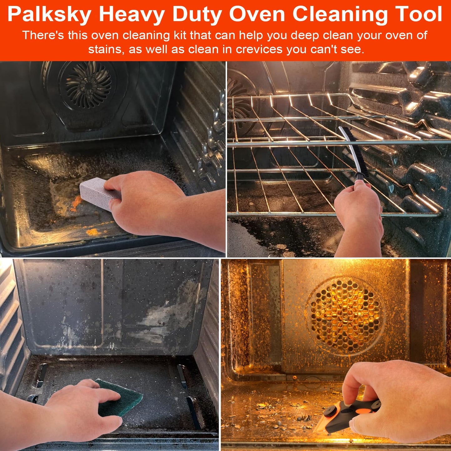 Palksky Heavy Duty Oven Cleaner Tools, Oven Cleaning Accessories, Oven Cleaning Kit with Crevice Cleaning Brush, Razor Blade Scraper, Pumice Stone, Cleaning Rags