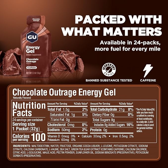 GU Energy Original Sports Nutrition Energy Gel, Vegan, Gluten-Free, Kosher, and Dairy-Free On-the-Go Energy for Any Workout, 24-Count, Chocolate Outrage