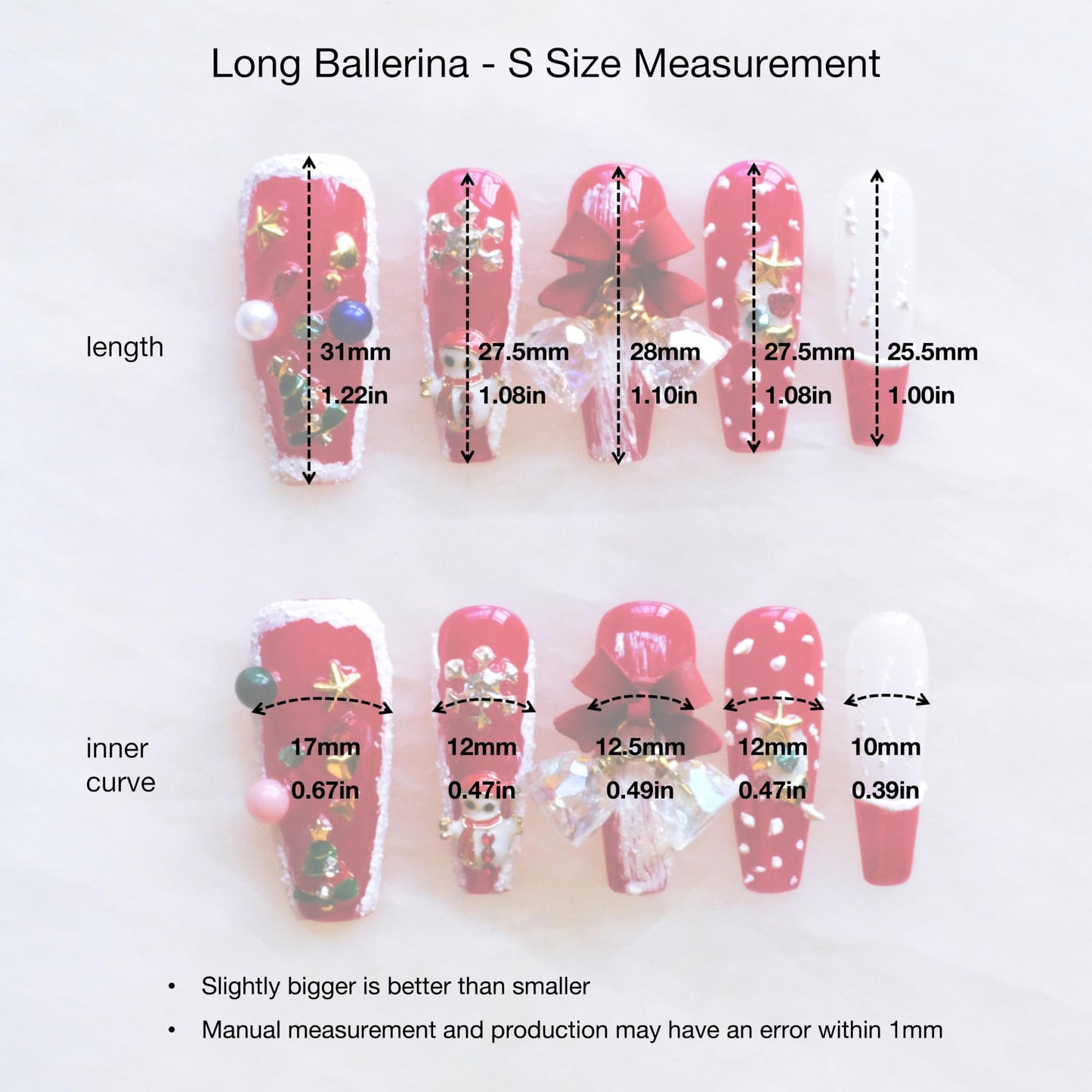 GLORS Christmas Press-On Nails, Long Ballerina Shape, Red and White Design with Snowman, Bows and Snowflakes, 10 Pieces (Small, LS)