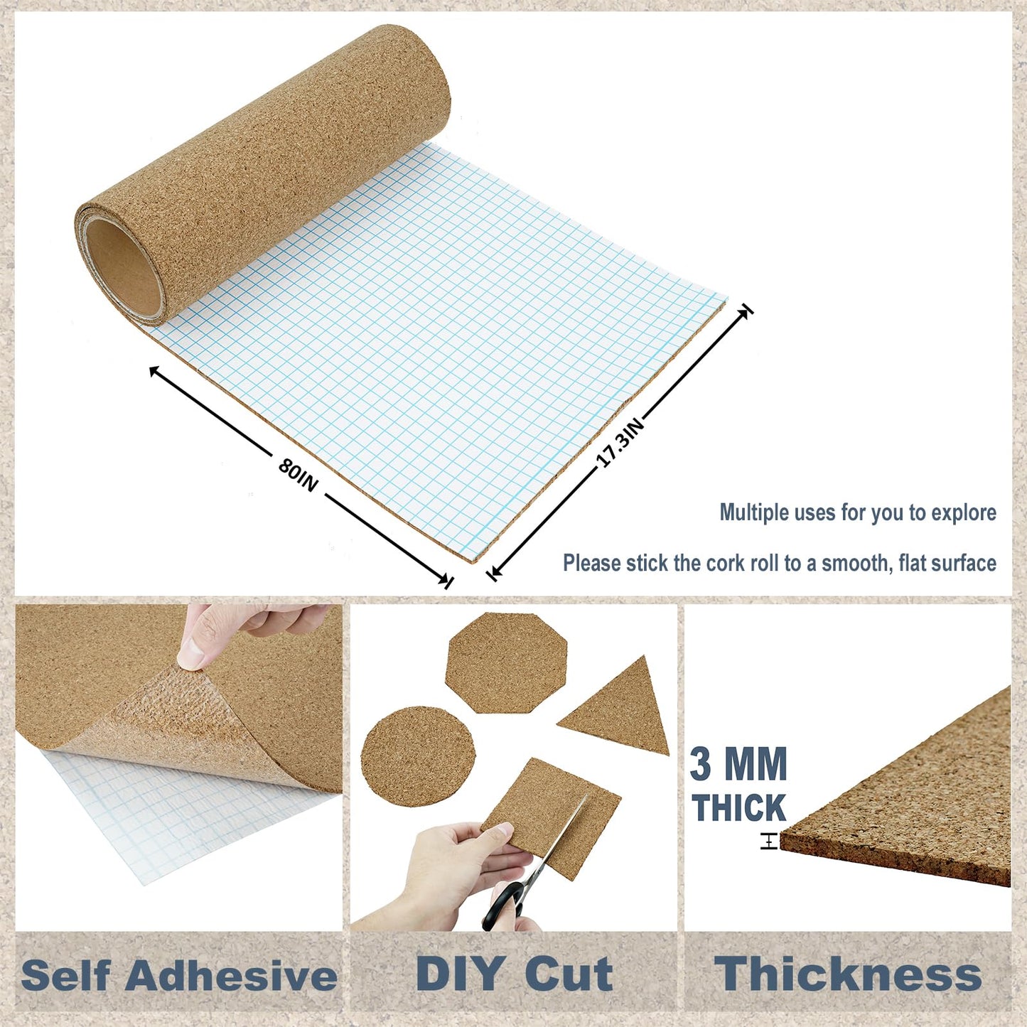 WESTICK Self Adhesive Cork Roll 1/8" Thick Natural Cork Wallpaper Peel and Stick Bulletin Boards for Walls Decorative Removable Corks Sheet for Home Office DIY Crafts Drawer Shelf Liner 17.3"x80" 3MM