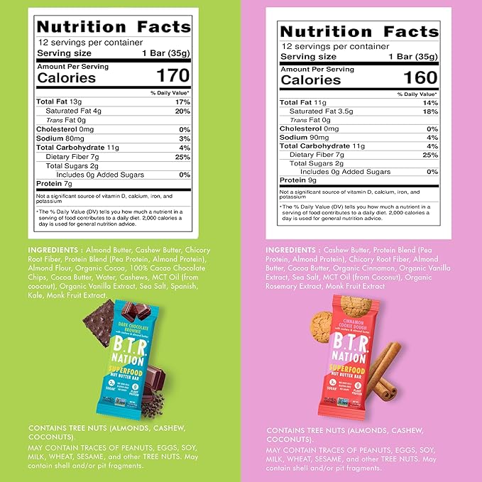 B.T.R. Nation Superfood Keto Protein Bars, Plant Based Vegan - Cinnamon Cookie Dough & Dark Chocolate Brownie | 12 Pack of Each | Low Carb, GF & Calorie, No Sugar Alcohols, Boosted with Superfoods