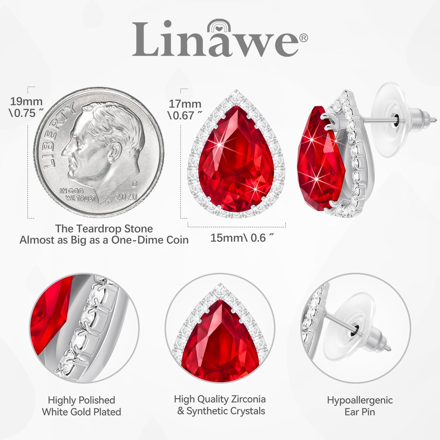 Linawe Silver Red Imitation Diamond Stud Earrings for Women, Ruby Cubic Zirconia Teardrop Rhinestone Crystal Earrings Studs, Wedding Earrings Bridal Bridesmaid, Ear Piercing Jewelry