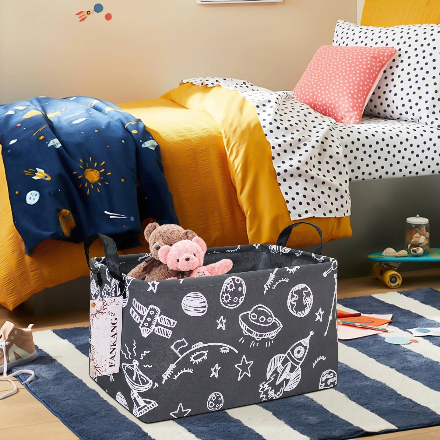 FANKANG Storage Basket,Nursery Hamper Canvas Laundry Basket Foldable with Waterproof PE Coating Storage, Office, Bedroom, Clothes,Toys (Rec-Space Planet)