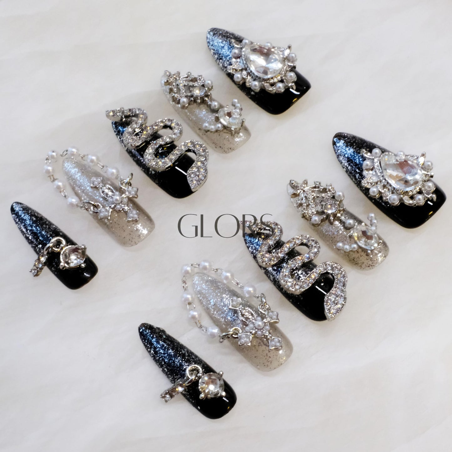 GLORS Luxury Long Almond Press-On Nails, Black and Silver Glitter with 3D Rhinestones and Pearl Accents, Handmade False Nail 10 Pieces (Small, LS)
