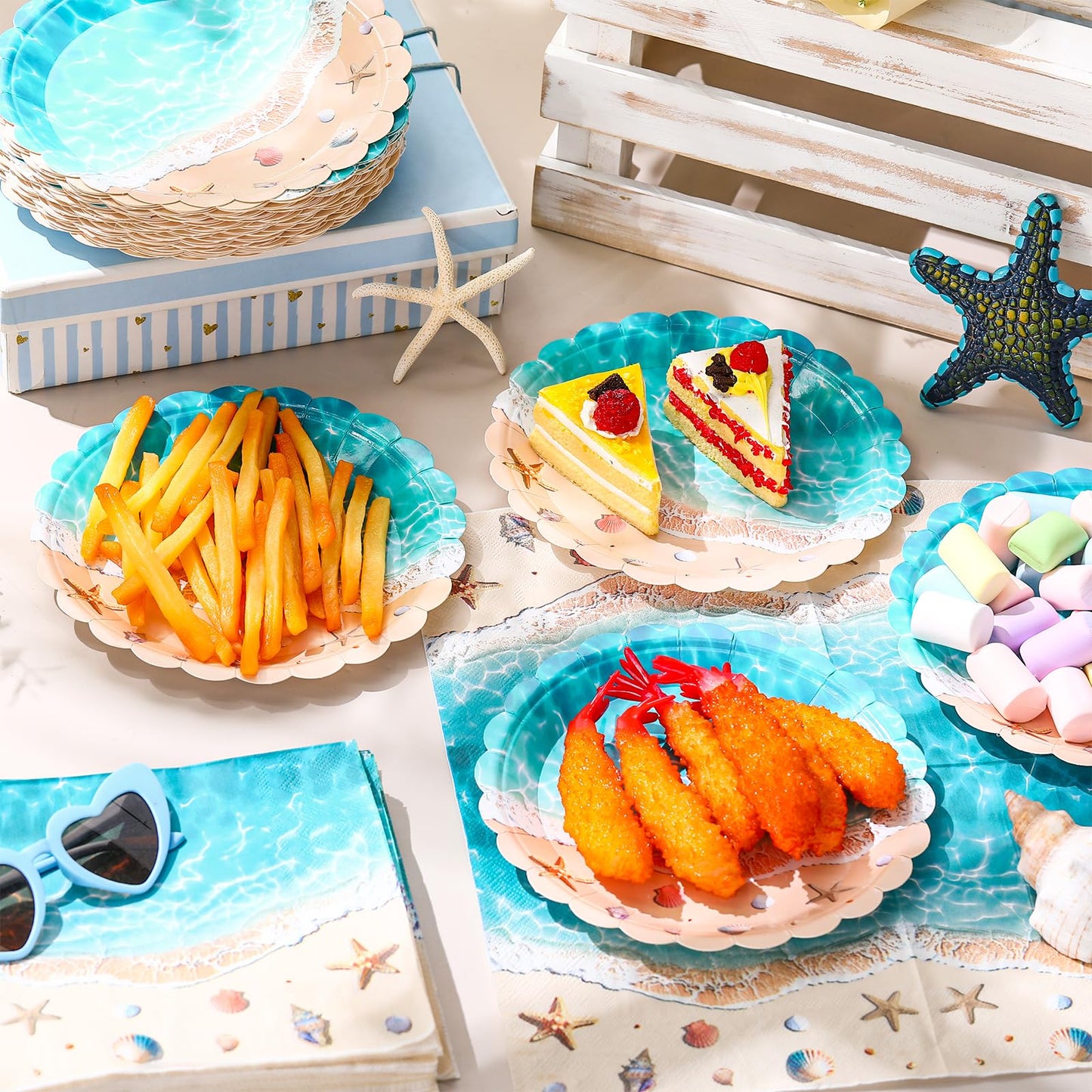 Funnymoom 96 Pieces Summer Beach Ocean Tableware Set for 48 Guests Include 48 Pcs 7 Inch Dessert Plates and 48 Napkins Watercolor Disposable Dinnerware for Hawaiian Holiday Birthday Party Supplies