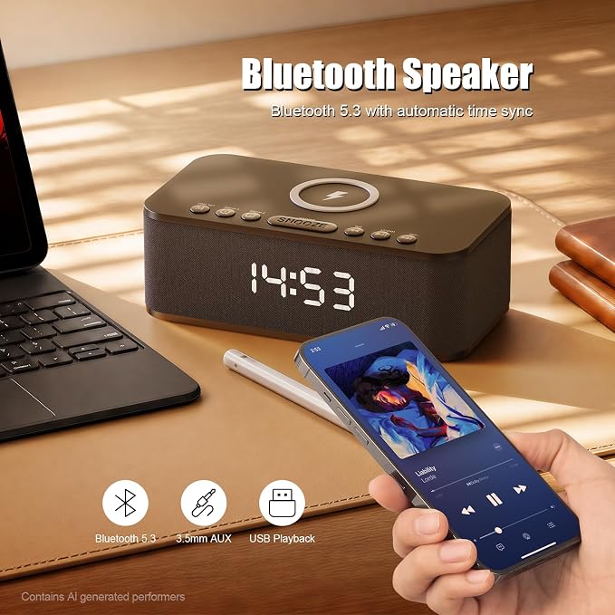 Alarm Clocks for Bedrooms, Wireless Charger, Bluetooth Speaker, White Noise Machine, Digital Clock with Dual Alarm, Dimmable Display, USB Charging Port, Black